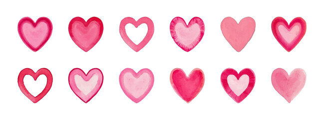 Set of pink watercolor hearts. Vector elements of decor for presentations, stickers, design, business, project, etc. A symbol of love and romance. Isolated on a white background.
