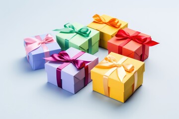 Fototapeta premium Colorful gift boxes with satin bows on white background with copy space. Birthday, Christmas, Valentine day presents. Holiday collection for party celebration and festive events