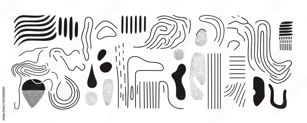 Poster abstract black and white geometric shapes pattern with lines and curves on white background. vector