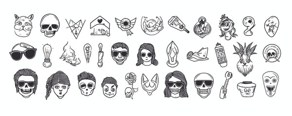 Obraz premium Collection of black and white tattoo-style icons featuring skulls, faces, and abstract designs. Vector