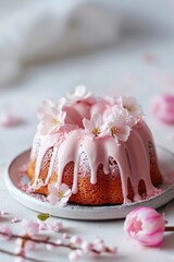 Fototapeta premium Bundt cake with pink glaze and cherry blossom flowers on white plate. Spring dessert with copy space. Easter, Mother's Day, Valentine's Day romantic treat. Sakura season