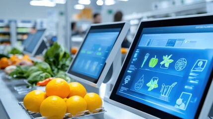 Innovative food technology revolutionizing grocery stores supermarket digital display modern environment aerial view fresh produce management