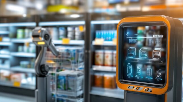 Automated grocery shopping experience supermarket technology display retail environment close-up viewpoint innovation concept