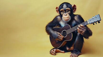 Obraz premium Playful Chimpanzee Musician Playing Acoustic Guitar on Yellow Background