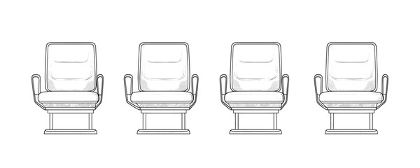 Four outline armchairs in a row on white background. Vector