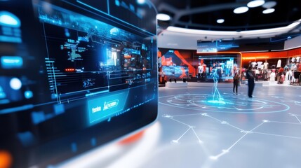 Futuristic retail technology showcase modern shopping center digital exhibition innovative environment interactive view future of shopping