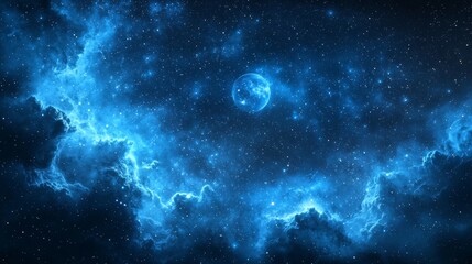 Obraz premium Celestial Nebula Stunning Blue Space Scene with Stars and Planet