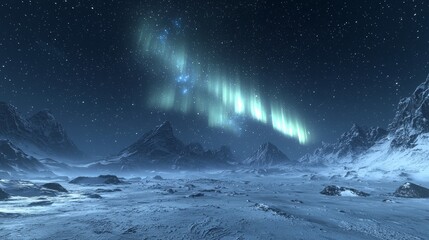 Naklejka premium Stunning Aurora Borealis over a Frozen Mountainous Alien Landscape