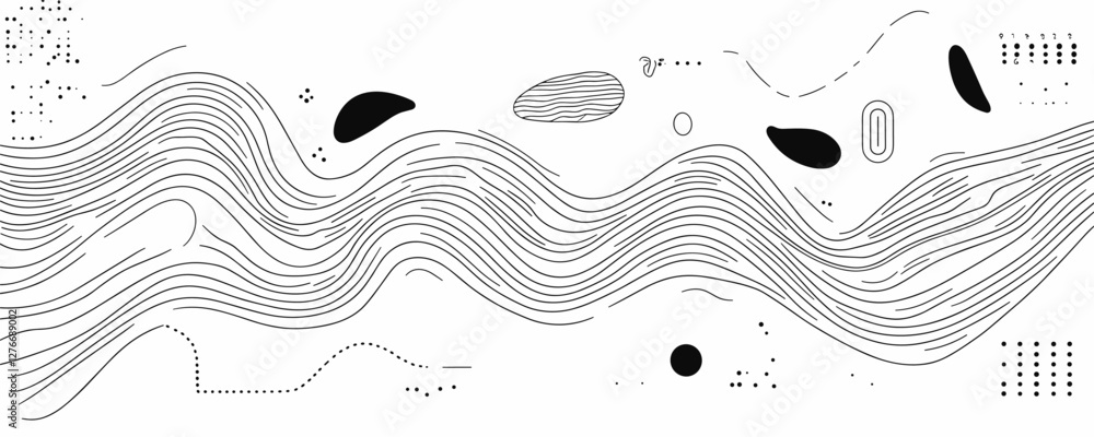 Poster abstract black and white wave pattern with geometric shapes and lines on white background. vector