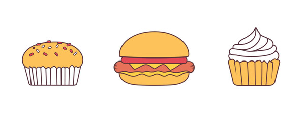 Muffin, hamburger, and cupcake icons on white background - tasty treats illustrations. Vector
