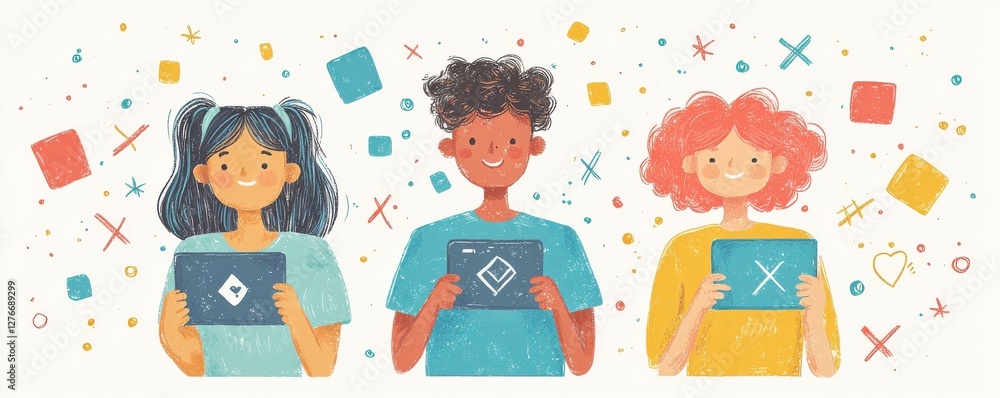 Poster three smiling individuals holding tablets with colorful abstract backgrounds and patterns