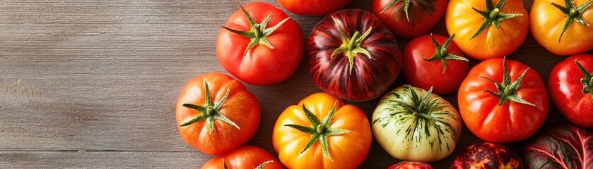 Fototapeta premium A vibrant assortment of fresh tomatoes in various colors, arranged on a rustic wooden surface, showcasing their natural beauty and diversity.