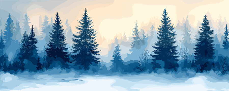 Misty morning forest with tall pine trees in winter landscape. Vector