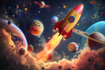 A fun, child-centric space scene featuring a playful rocket soaring through a colorful