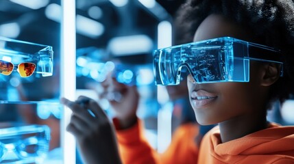 Exploring the future of technology a young innovator experiments with virtual reality glasses in a high-tech exhibition space
