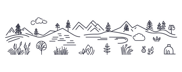 Simple line art landscape with mountains, trees, and lake scene with minimalist style. Vector
