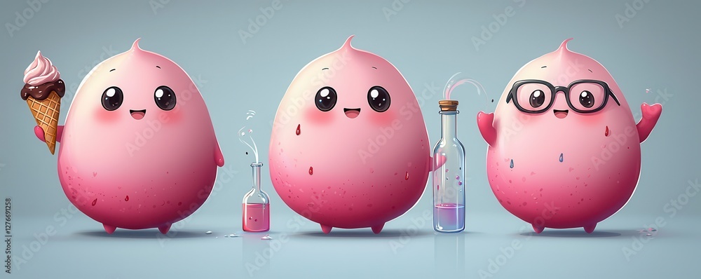 Poster adorable cartoon characters featuring cheerful pink red blobs with fun activities