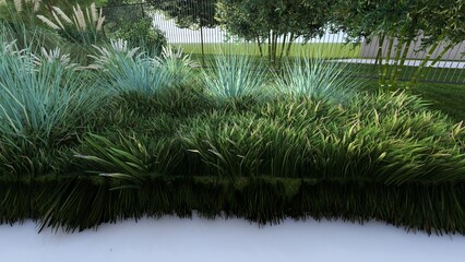 3d image of the landscape design of the home territory. Landscaping of the territory. Computer visualization of composite landscaping and landscaping solutions.