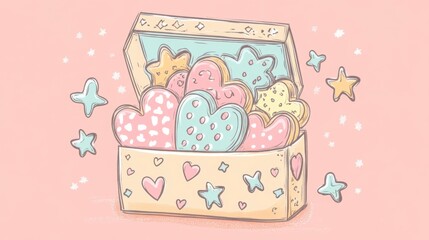 A hand-drawn illustration of a gift box filled with deliciously decorated cookies, including hearts, stars, and circles, with subtle pastel-colored details around the box.