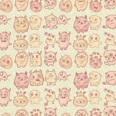 Fototapeta premium A fun array of adorable monsters in a soft, hand-drawn style fills this pattern, making it a perfect addition to graphics resources for creative and playful designs.