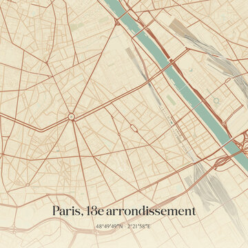 Vintage map of Paris, 13e arrondissement, France.