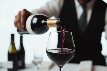 A Sommelier's Art: The refined hand of a sommelier pours a deep red wine into a crystal glass, creating a visual symphony of elegance, detail, and sensory pleasure.