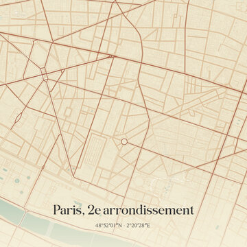 Vintage map of Paris, 2e arrondissement, France.