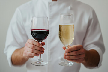 Wine Tasting Selection: A person elegantly presents two glasses of wine, one red and one white, the image emphasizing the richness of the liquid, with a soft and elegant lighting.