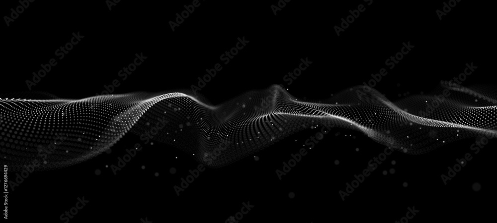Poster abstract wave. interweaving of dots and lines on a black background. big data. 3d rendering.