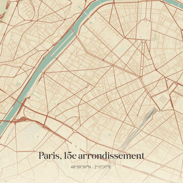 Vintage map of Paris, 15e arrondissement, France.