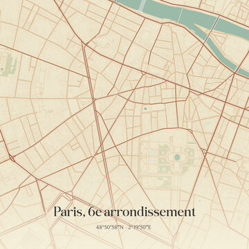 Vintage map of Paris, 6e arrondissement, France.