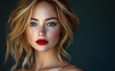 Fototapeta premium Elegant portrait of a woman with blonde hair and captivating blue eyes