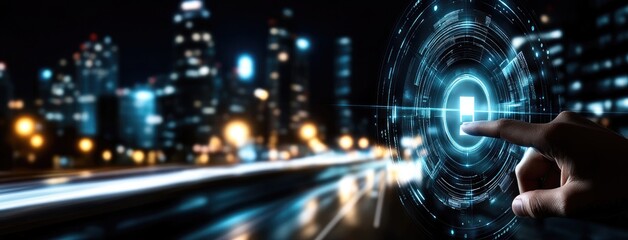 A hand reaches out to touch a glowing bank icon surrounded by circuit patterns and a city skyline, showcasing futuristic technology in 2059