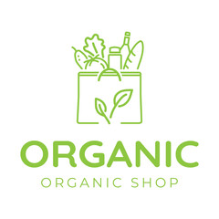 Grocery paper bag with organic  food logo. Vegetarian grosery shopping vector illustration.