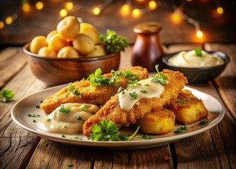 Tilt-shift transforms crispy fried perch and creamy potatoes into a charming miniature feast.
