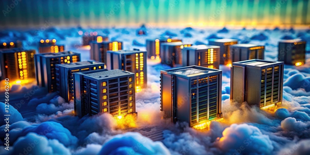 Poster tilt-shift transforms cloud computing; miniature worlds of servers, iot devices, and data centers em