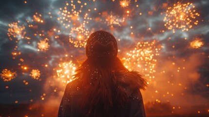 A woman in a winter coat and beanie stands mesmerized as golden fireworks explode in the sky, illuminating the night with glowing sparks and creating a magical atmosphere