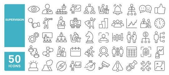 Set of 50 line icons related to supervision, supervisor, manager, workflow, process, review, quality, control, vision, progress, management, inspection, Editable stroke. Vector illustration