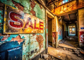 Naklejka premium Urban explore this abandoned store sale! Discover vintage treasures amidst decay and graffiti. Huge discounts!