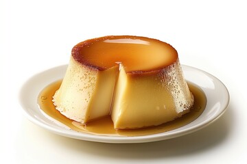 creamy flan dessert with a golden caramel top, served on a white plate with syrup dripping down the sides, creating a delicious and appetizing presentation