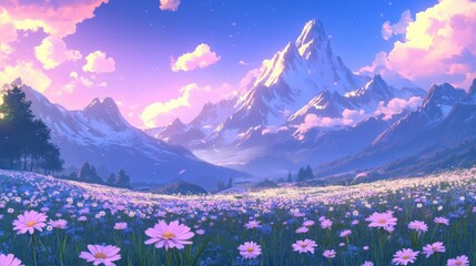 Obraz premium Majestic Mountains and a Serene Flower Field at Sunset