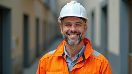 A half-body portrait of a man in his 40s with , wearing an orange safety suit and a white helmet, exuding a friendly and approachable demeanor.