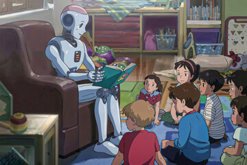 robot in human form reading a book to a group of children in a playroom. Anime stile