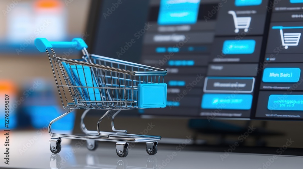 Poster e-commerce shopping cart interaction online store digital interface modern environment close-up view
