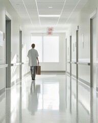 Fototapeta premium Hospital discharge as a patient steps out of their room with a medical bag. Featuring confidence and care