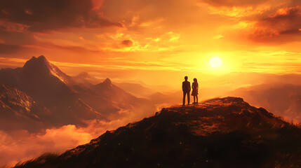 Couple in mountain look to beautiful scenic of orange sky view make them feel freedom