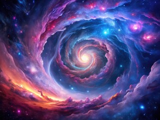 Vintage space art: a blue, pink, purple nebula swirls, its cosmic texture a captivating abstract galaxy.