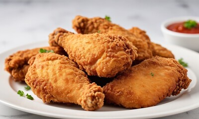 Crispy Golden Fried Chicken Drumsticks on White Plate with Sauce