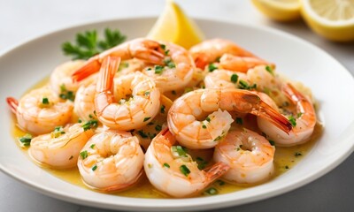 Freshly Cooked Shrimp with Lemon and Herbs on White Plate