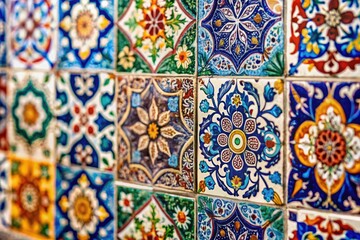 White and colorful ceramic tiles blend in a captivating ethnic mosaic, a blurred patchwork of artistic design.
